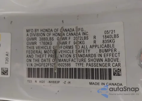 2022 Honda Civic Sport from USA, damaged, VIN 2HGFE2F52NH502586